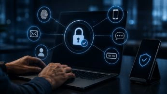 professional typing on laptop with digital cybersecurity dashboard